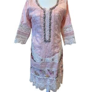 Pakistani Pink White Embroidered Floral Lace Dress Cottage Coquette Ethnic Midi